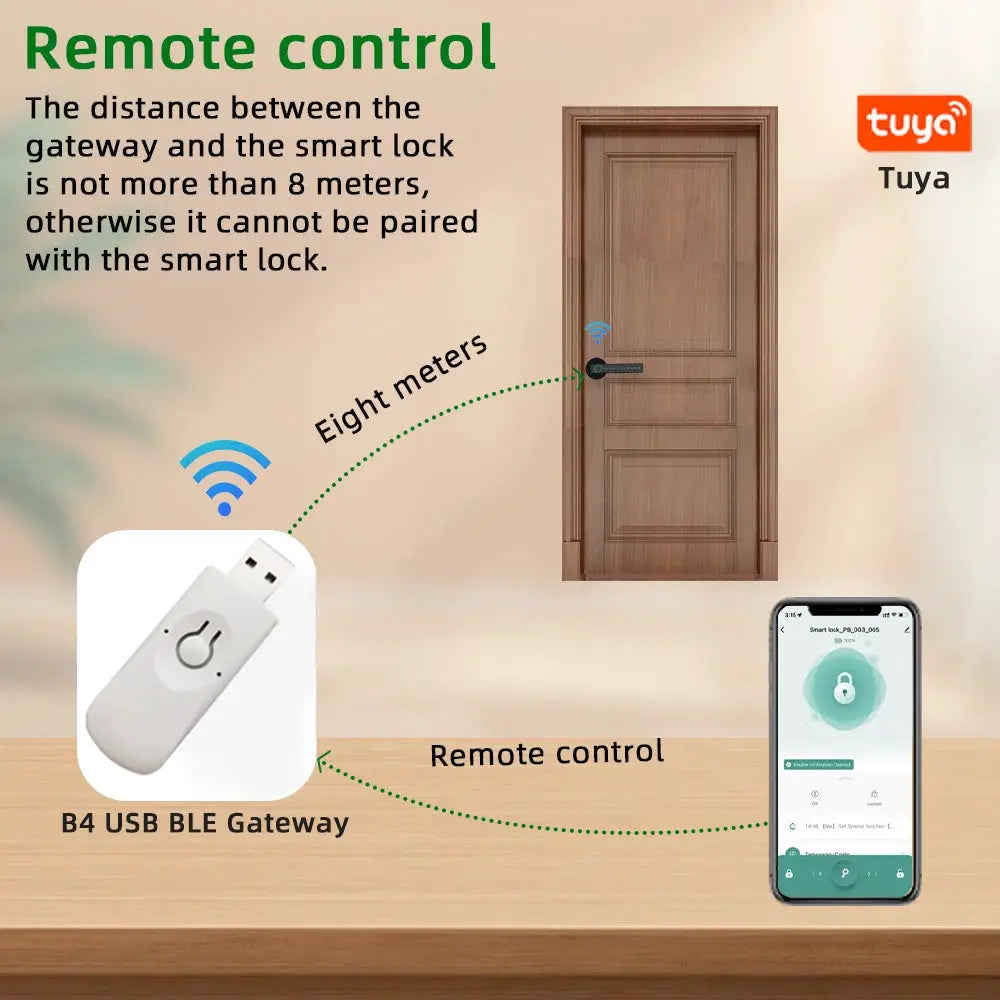RAYKUBE M5 smart door lock with Tuya BLE fingerprint/password/card unlock; shown with B4 USB BLE Gateway and app