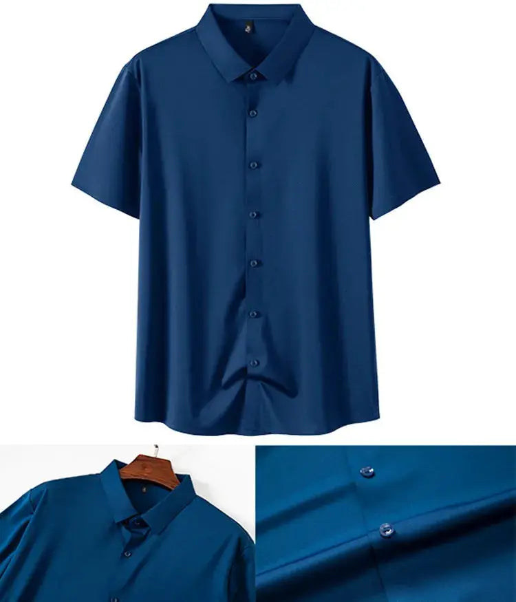 Simples Market blue men's short-sleeve solid button-down dress shirt with collar