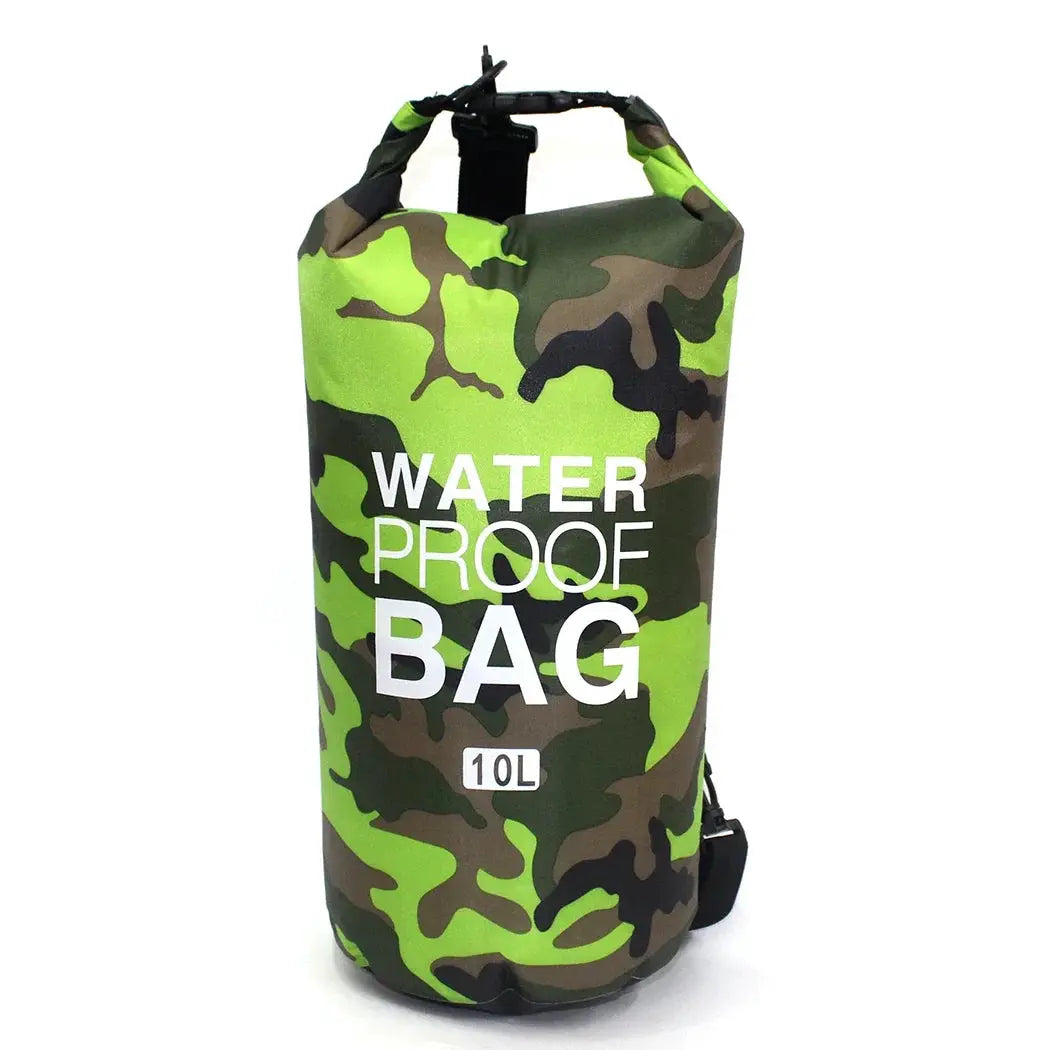 Waterproof dry bag by Simples Market, 10L camouflage green-brown with roll-top closure and carry strap