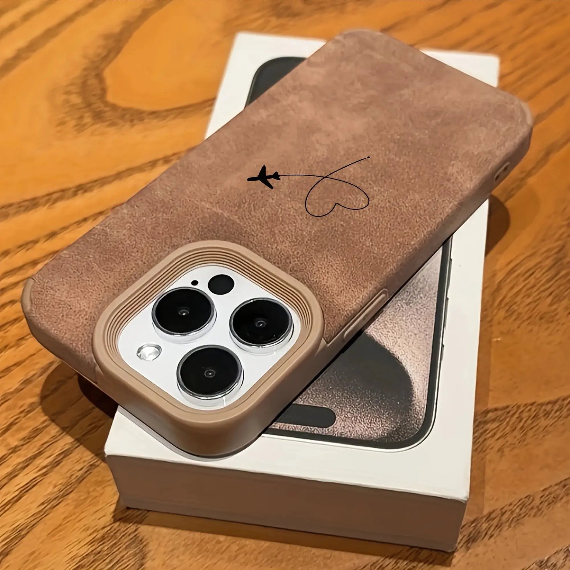 Airplane route love heart design faux leather iPhone case in brown for multiple iPhone models
