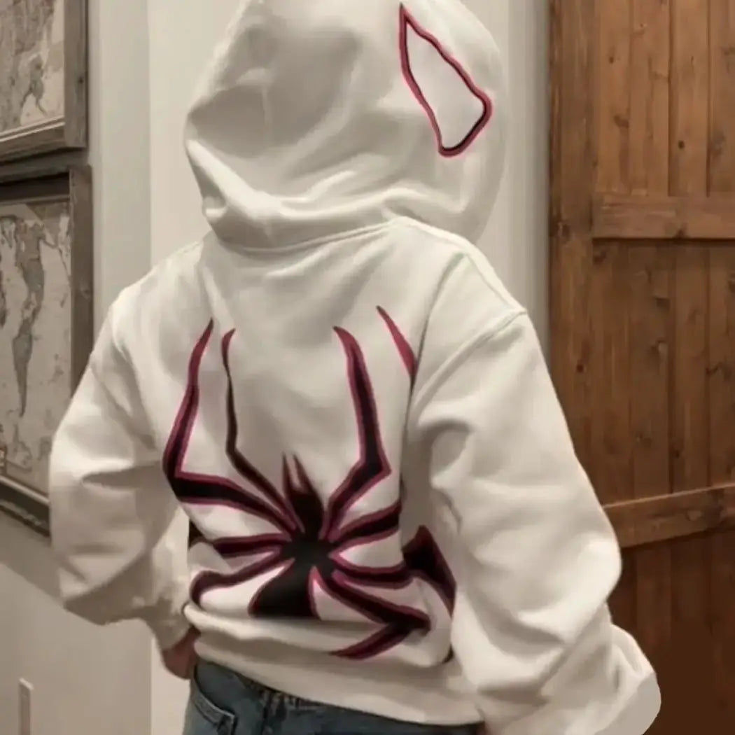 Urban Nocturne Full Zip Spider Hoodie Unisex Oversized Harajuku Streetwear With Graphic Y2K Style