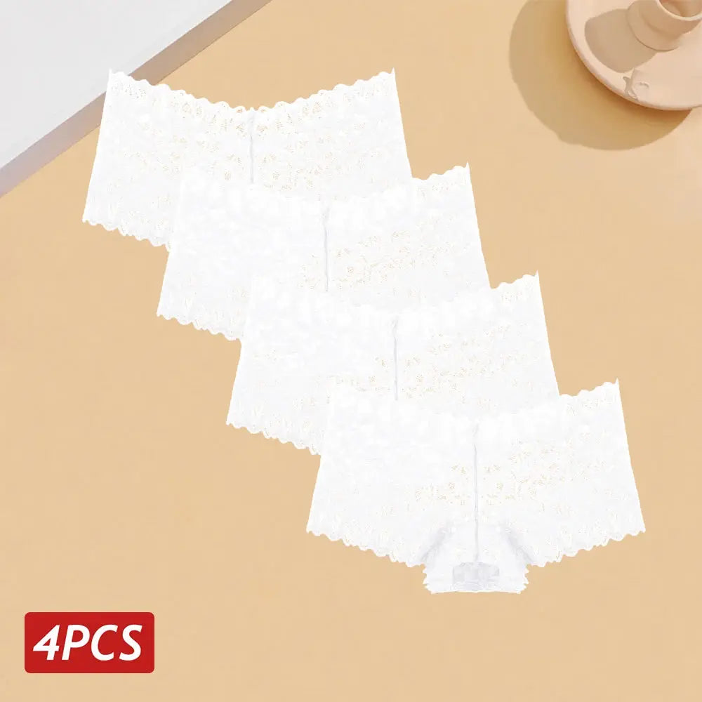 4PCS white floral lace women's panties, breathable V-waist underwear set