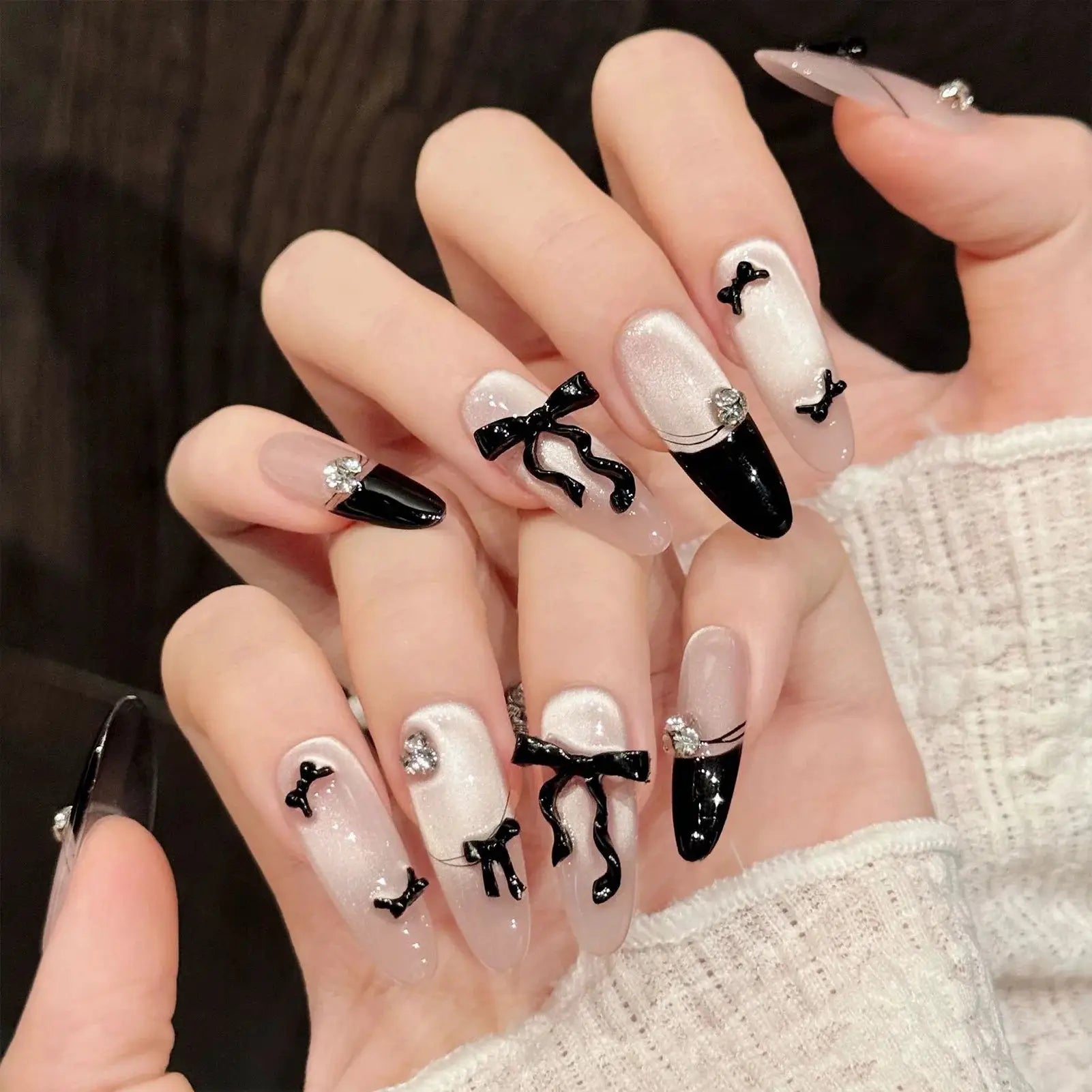 LuxeNail Cat Eye French Press On Nails With Pink Bow Decor Full Cover Almond Tips