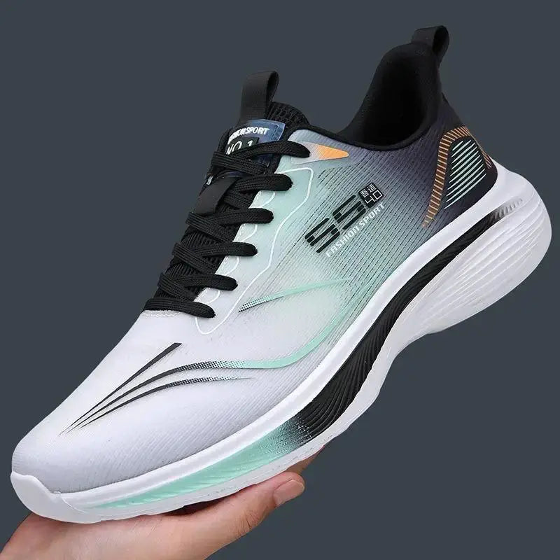 Men's running shoes with white-to-gray gradient upper, mint green accents, black laces, and a thick supportive sole