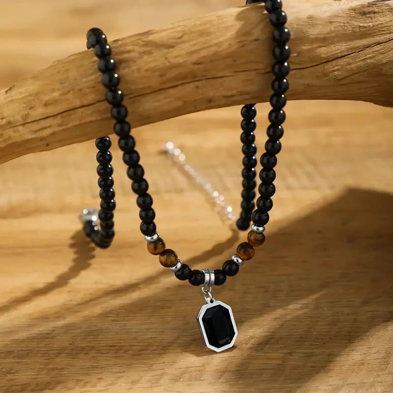 Salircon black tiger stone beaded clavicle necklace with stainless steel octagon pendant