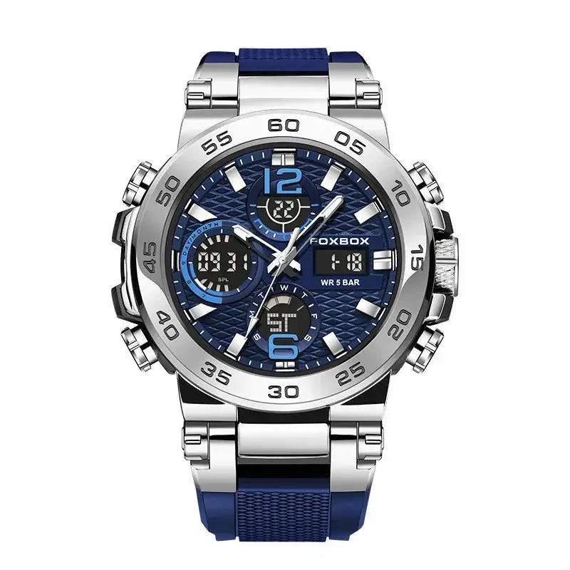 LIGE electronic men's wristwatch with blue dial, FoxBox logo, silver case and blue strap, LED display