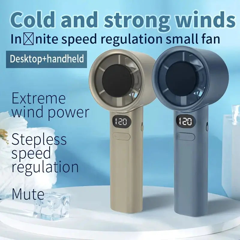 Two Simples Market handheld mini fans in beige and blue with digital speed display for desktop or handheld use.