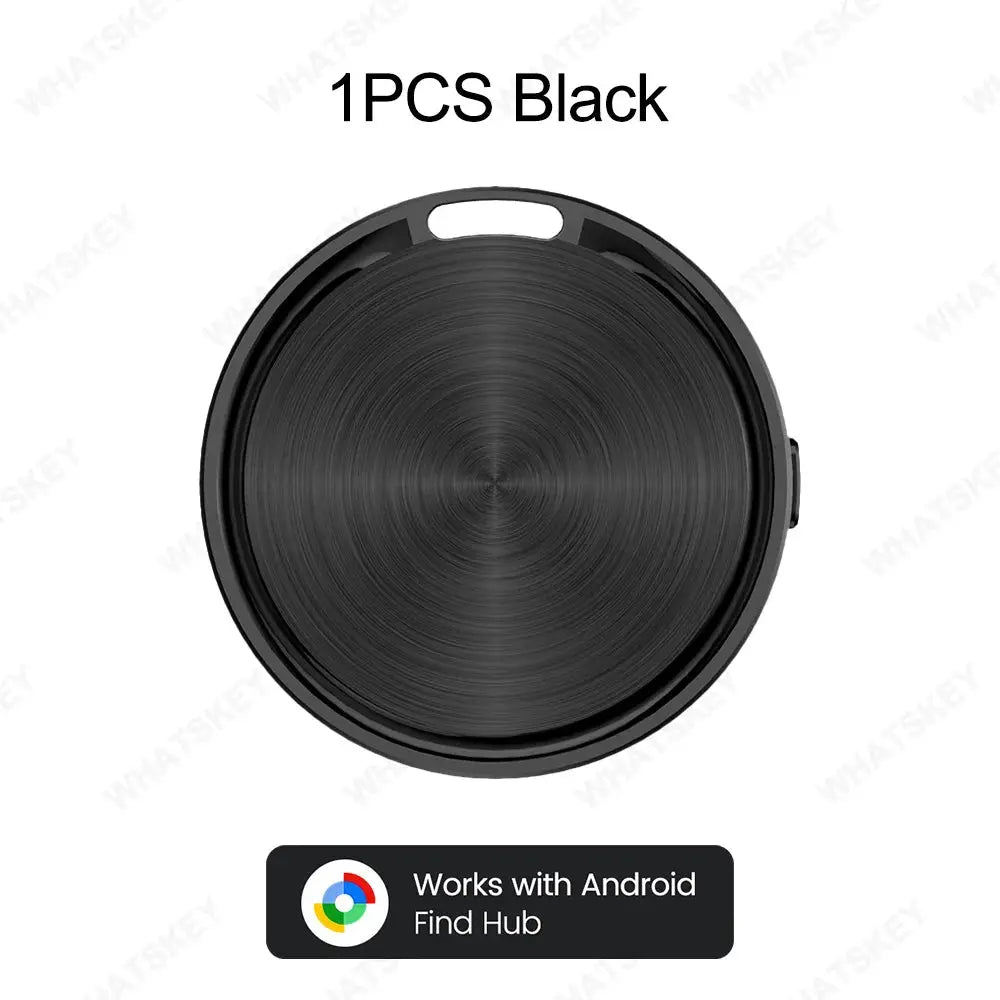 Black circular Bluetooth GPS tracker by Simples Market, works with Android Find Hub