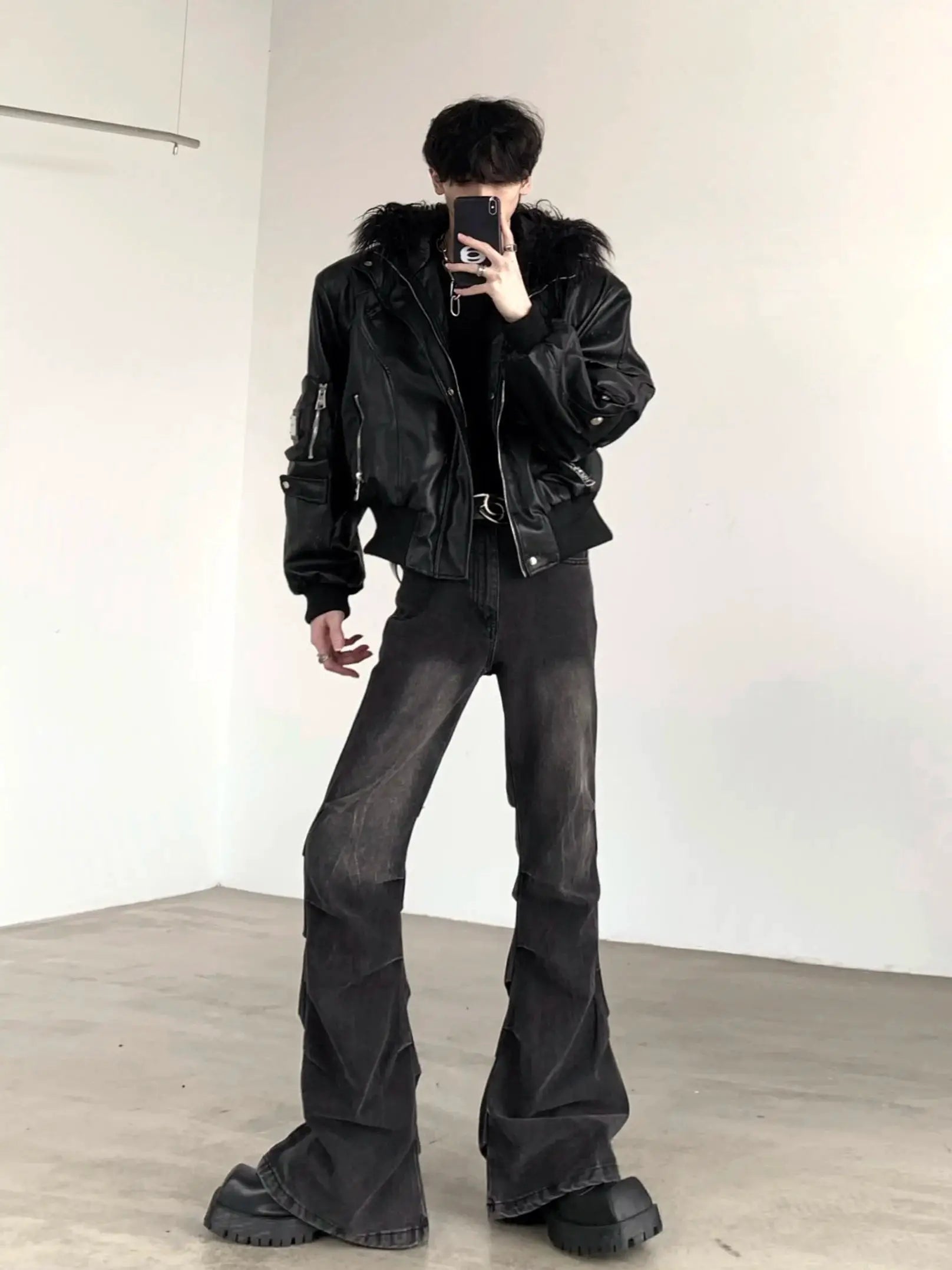 Mauroicardi black PU leather jacket with faux fur hood, oversized fit, Simples Market