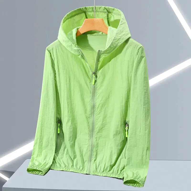 Summer Thin Ice Silk Sun Protection Jacket for Men, lime green hooded windbreaker with zip pockets