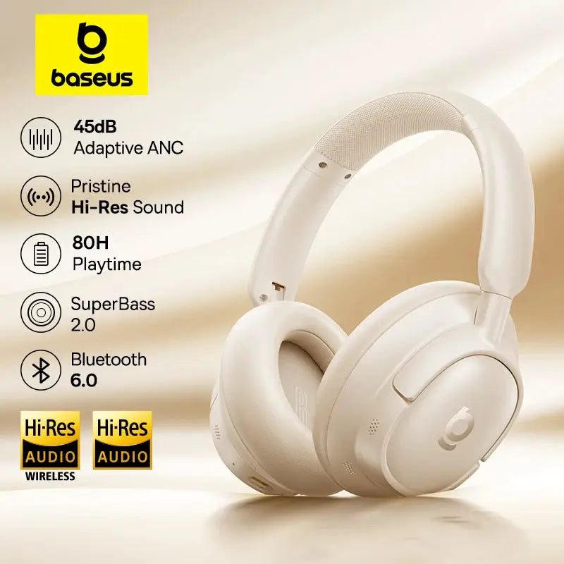 Baseus Bass EH10 NC wireless over-ear headphones, white, with 45dB adaptive ANC and Bluetooth 6.0.