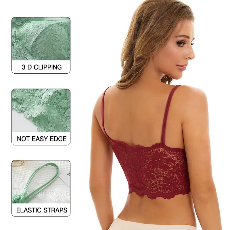 Red lace bralette worn by model; wireless seamless bra with elastic straps
