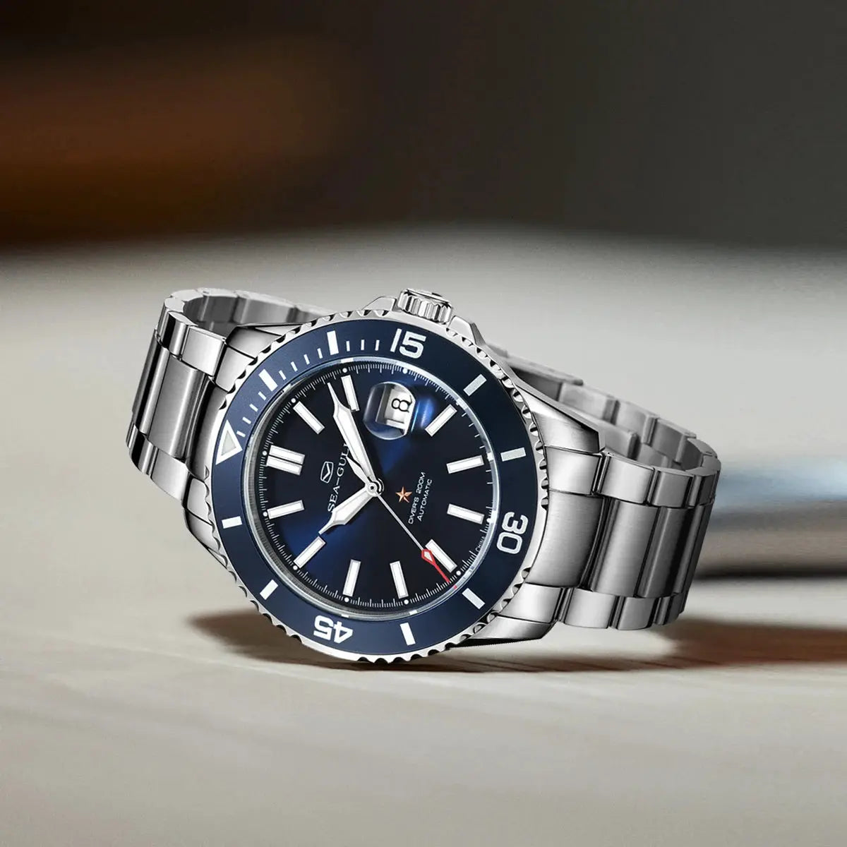 Seagull Relogio Masculino dive watch, stainless steel bracelet, blue dial, 200m water resistant
