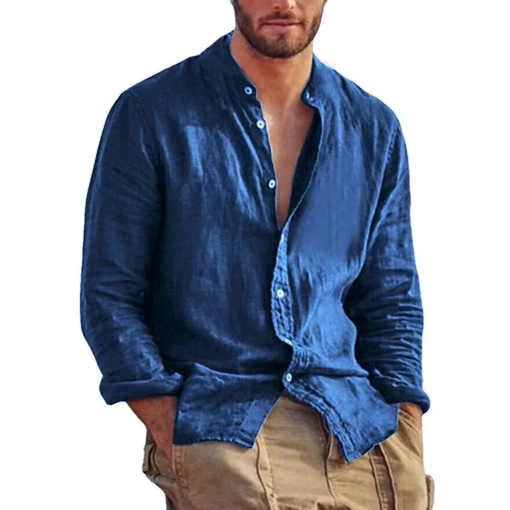 Linen long-sleeve shirt, blue, Simples Market, stand collar, lightweight breathable top