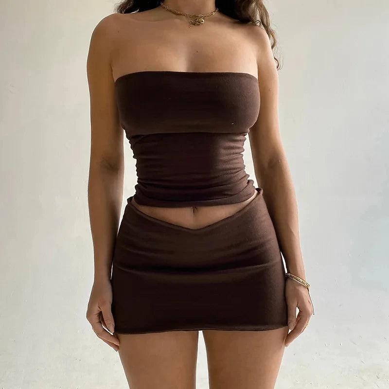 Hawthaw Women 2024 Summer Two Piece Tube Top And Mini Skirt Set