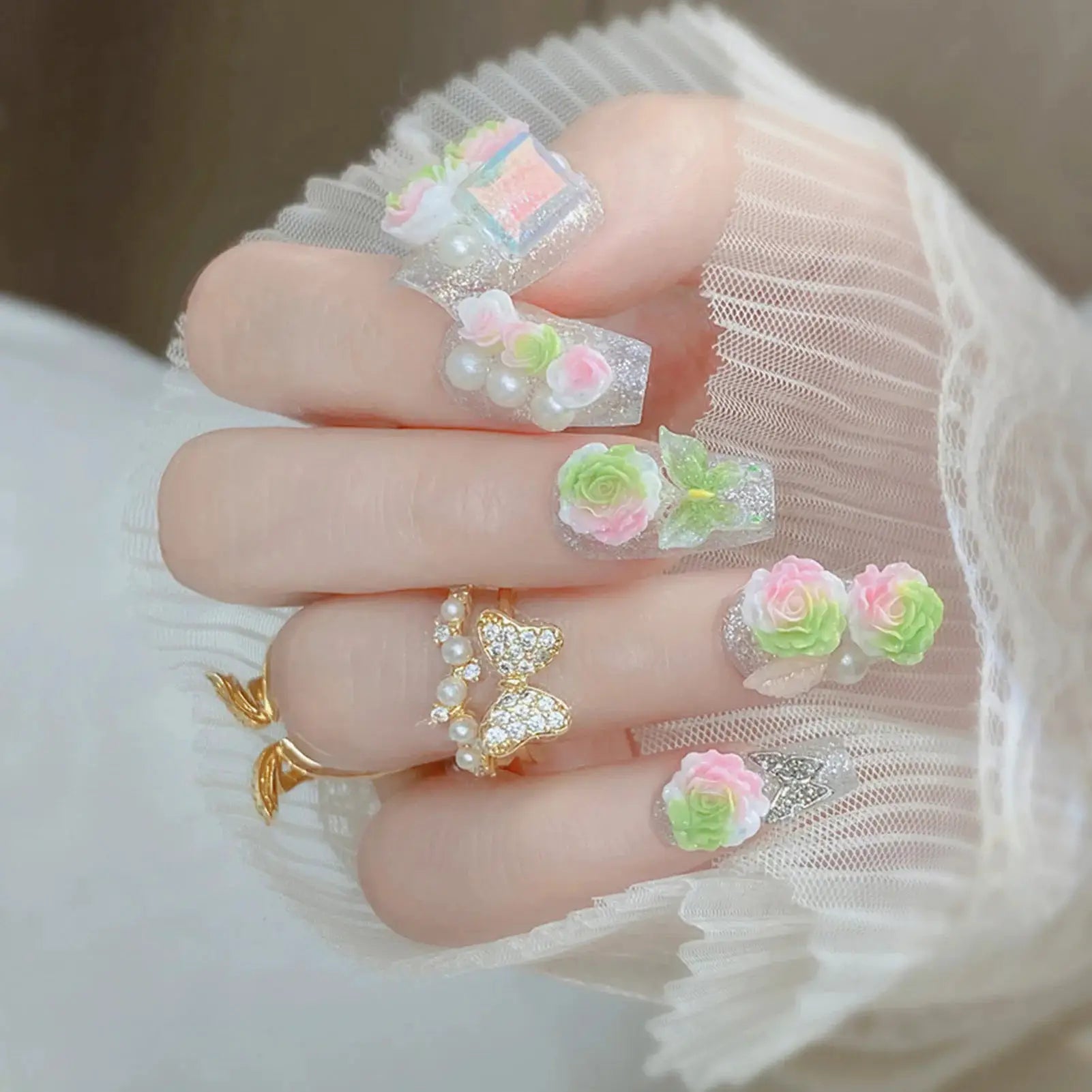 LuxeNail Blush Pink False Nails Bowknot Diamond Pearl Design Press On Nail Tips Harmless Smooth Edge Safe DIY Mani