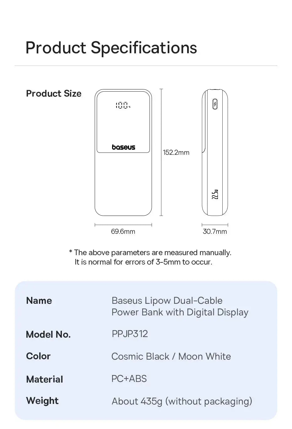 Baseus Lipow Dual-Cable Power Bank with Digital Display, 20000mAh, Cosmic Black / Moon White, PC+ABS
