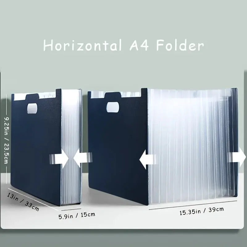 A4 horizontal foldable file storage box with multiple clear pockets and navy exterior