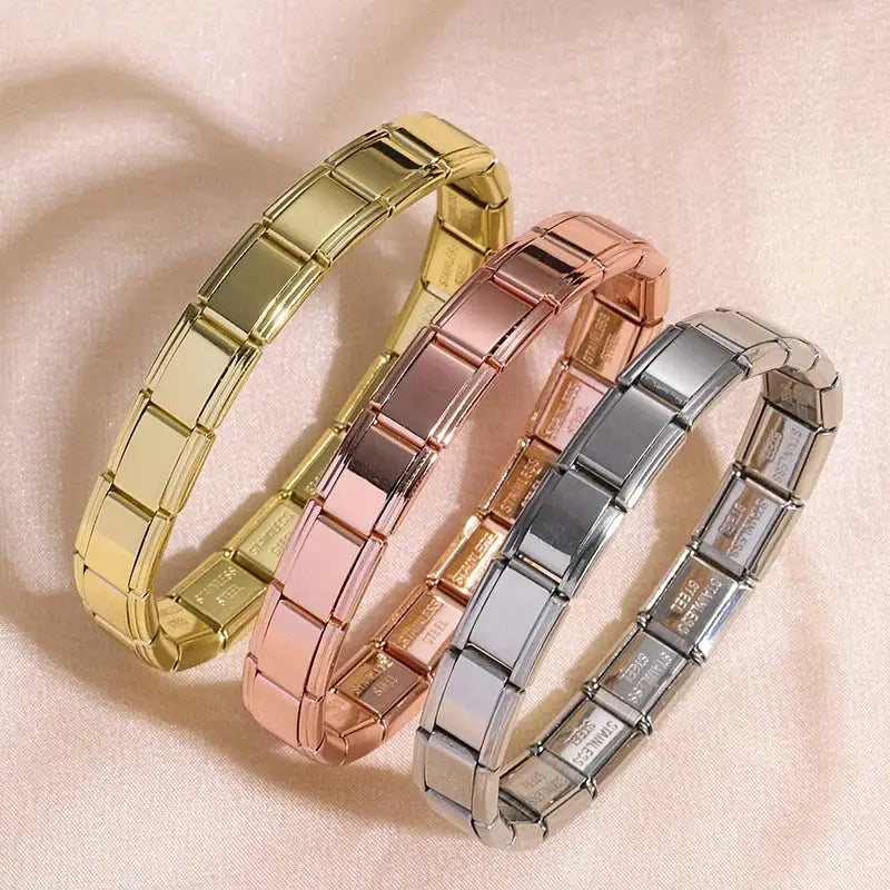 FTCY Italian Charm stainless steel bracelets; four 9mm elastic modular pieces in gold, rose gold, pink copper, silver.