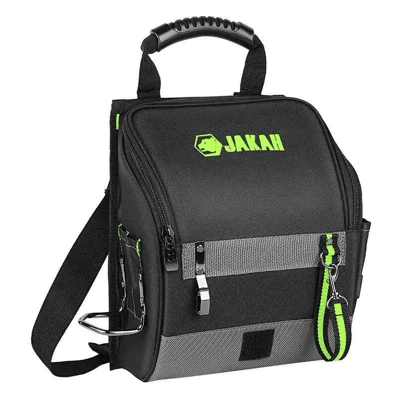 JAKAH electrician tool pouch, black with neon green accents, ergonomic rubber handle, padded shoulder strap.