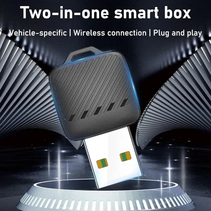 Two-in-one wireless Android Auto and CarPlay adapter dongle by Simples Market, black AI smart box with USB plug