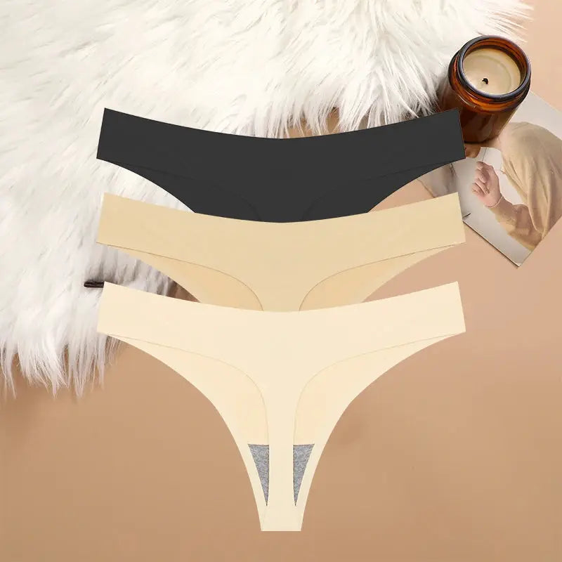 3-piece seamless G-string underwear set in black, beige and nude; low-waist T-back style