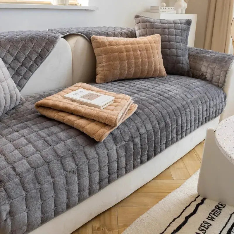 Simples Market plush plaid sofa cushion set of 3 with non-slip gray velvet covers and beige accents