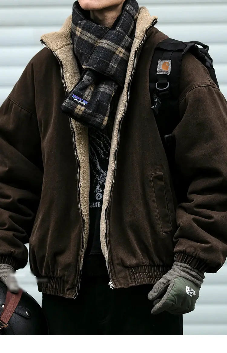 Simples Market men's polar fleece jacket, brown warm coat with beige sherpa lining; plaid scarf and Carhartt backpack
