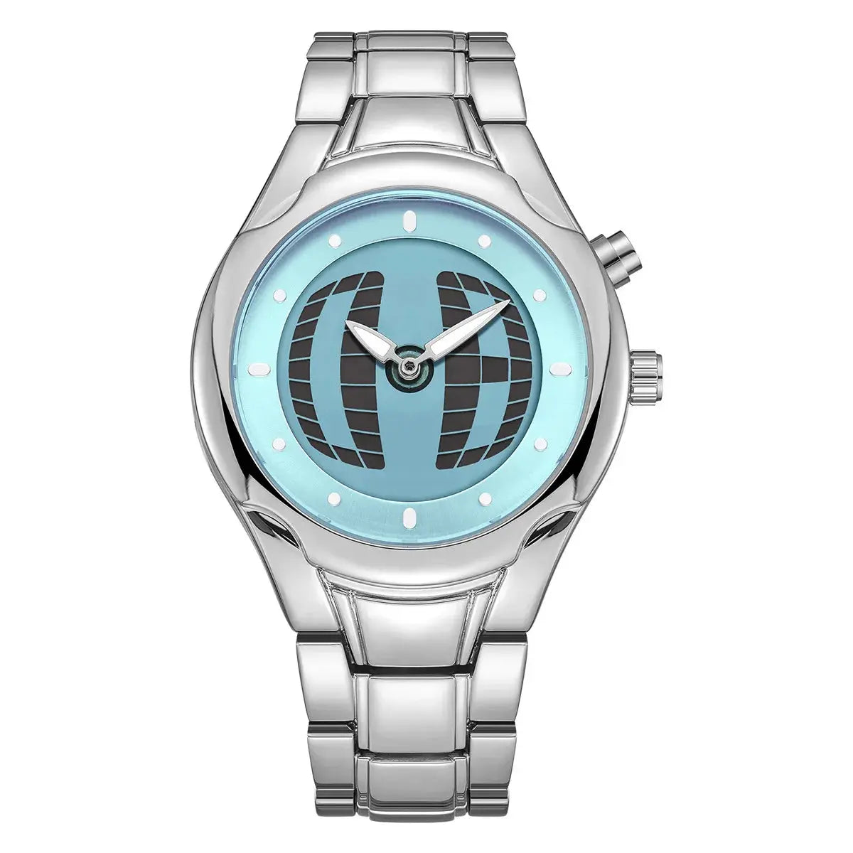 Men's stainless steel wristwatch with a blue dial and globe-grid pattern