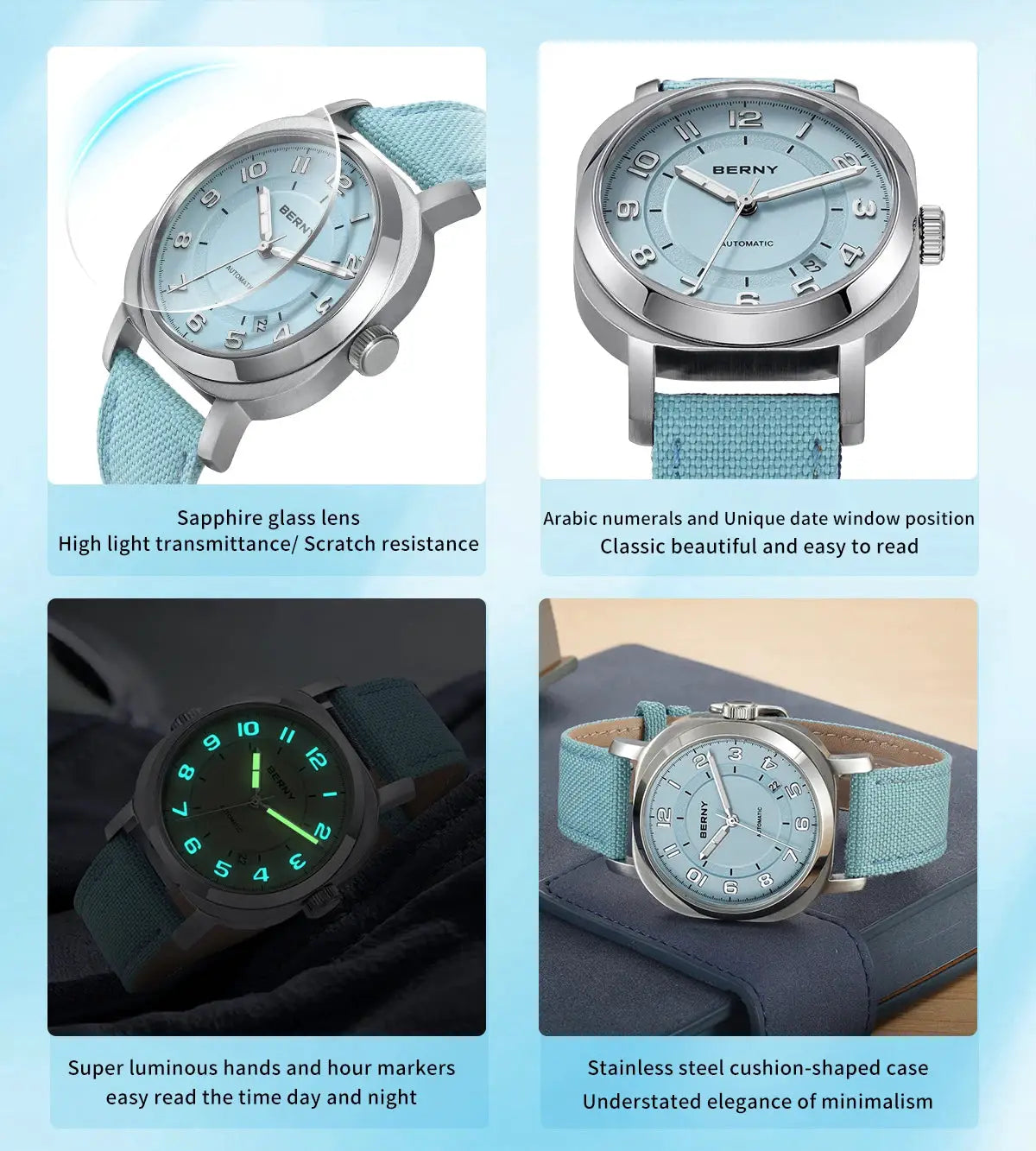 BERNY mechanical women's watch with light blue dial, fabric strap, stainless steel cushion case, luminous hands