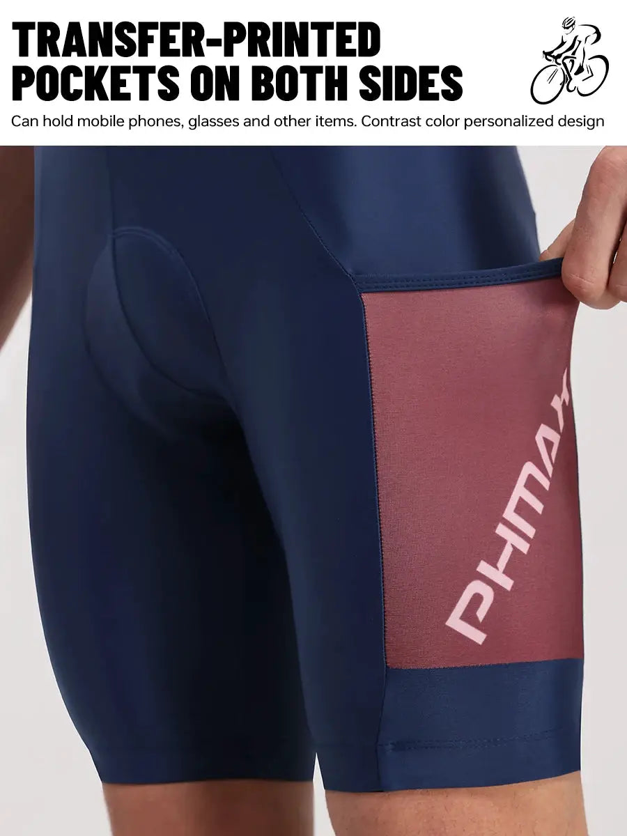 PHMAX men's cycling bib shorts with navy body and pink side pocket panel, silicone padded, breathable quick-dry fabric