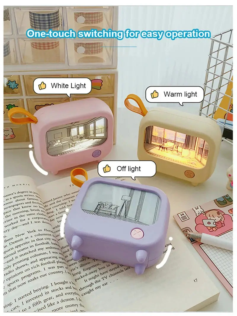 Three TV painting night lights LED desk lamps in pink, lavender and beige for kids’ rooms.