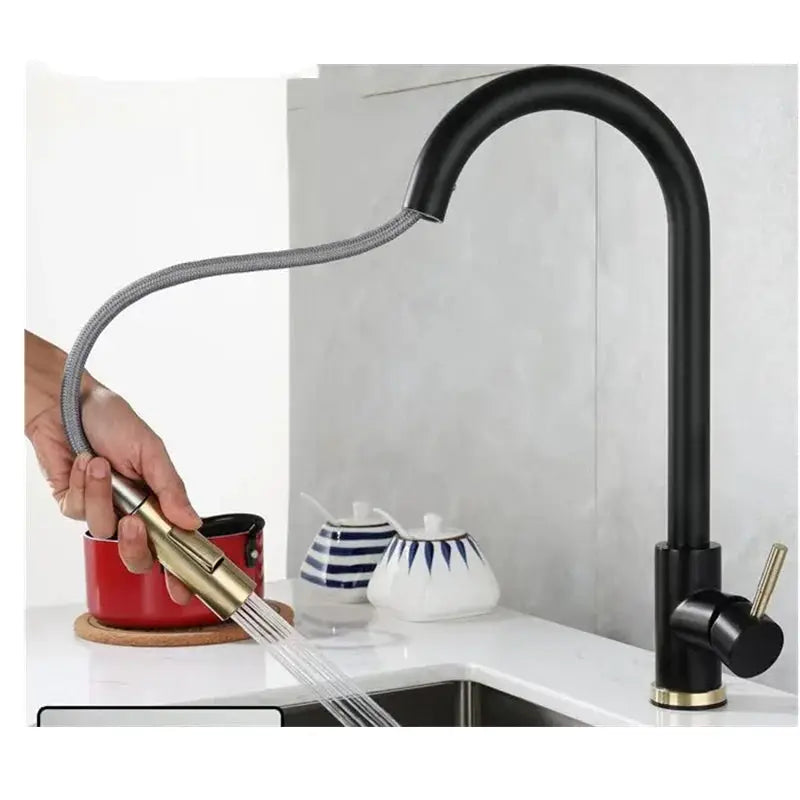 Kitchen faucet with black gooseneck deck-mounted body and pull-out spray nozzle with two modes