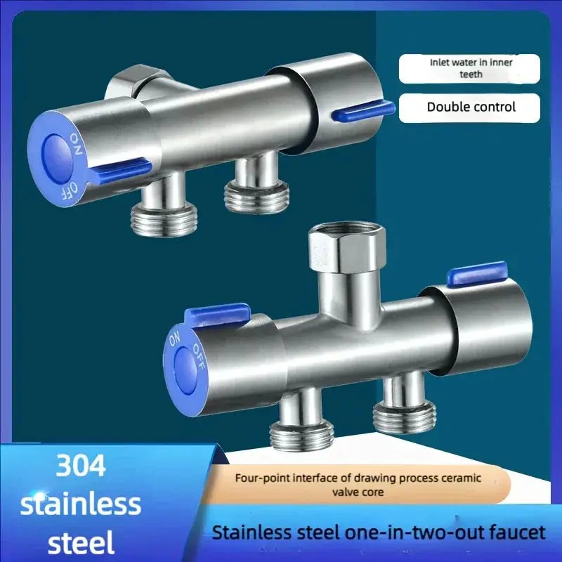 Stainless steel angle valve with 1 inlet and 2 blue-handled outlets, dual control