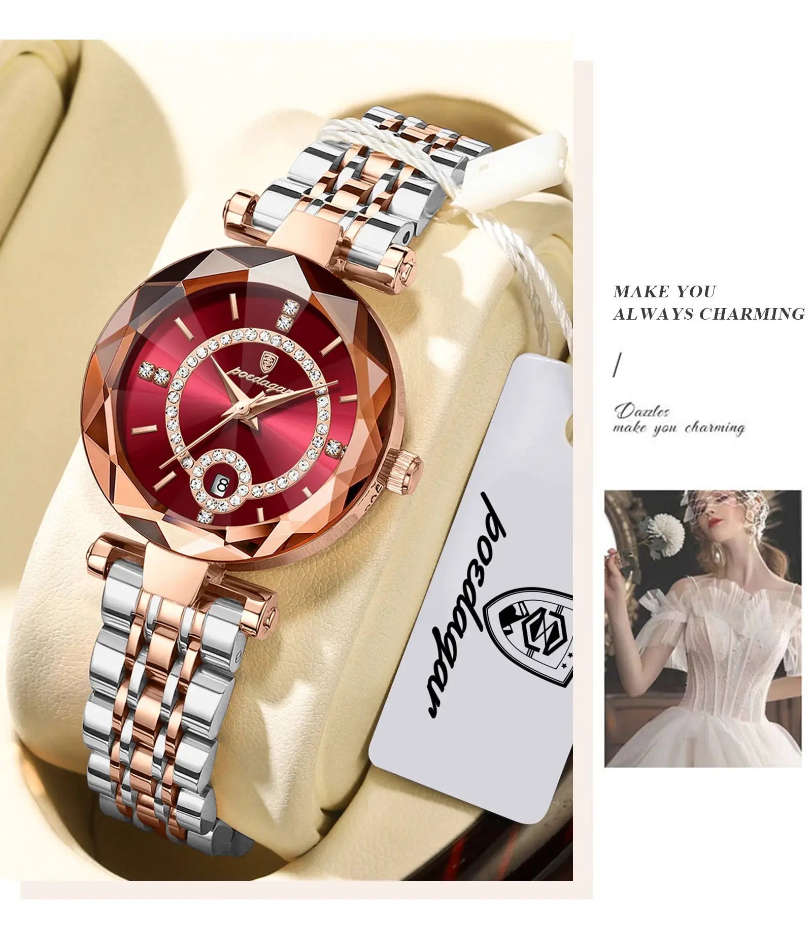 POEDAGAR wristwatch for women; two-tone stainless steel band in rose gold and silver; red dial with crystal accents