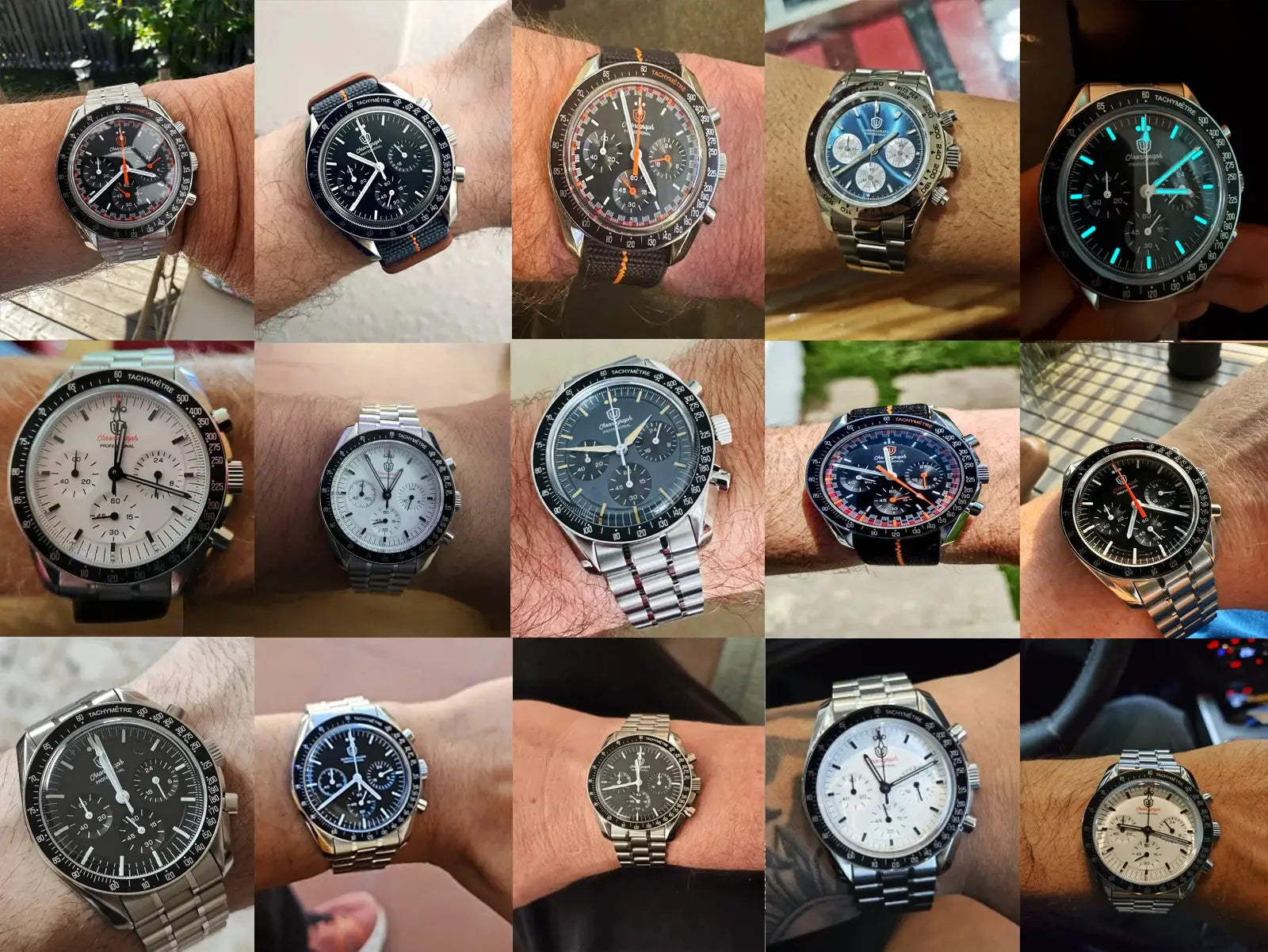 Chronograph watches collage; twenty stainless steel watches with tachymeter bezels worn on wrists