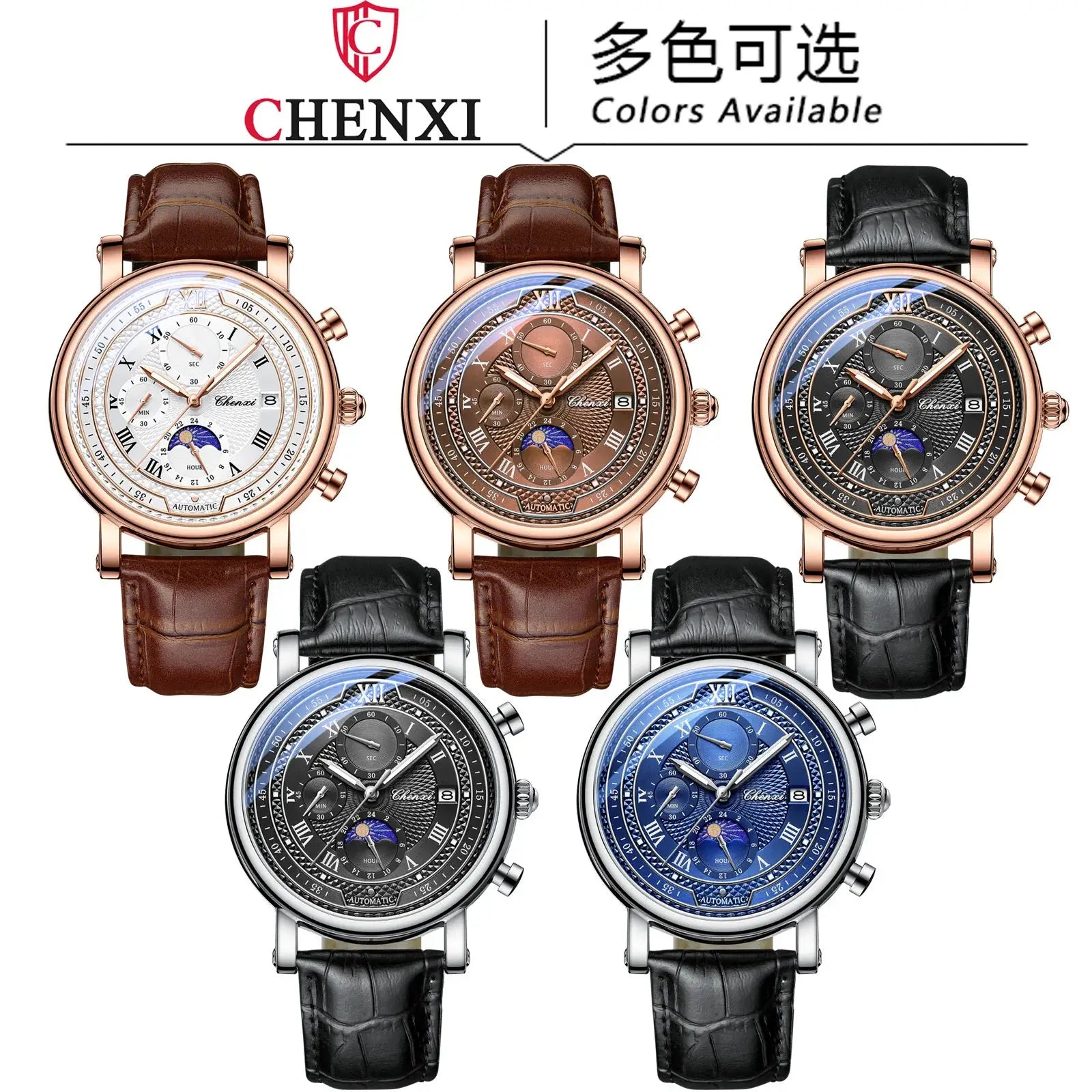 Chenxi 976 leather chronograph men's watches, set of 5 with rose-gold and silver cases and multicolor dials