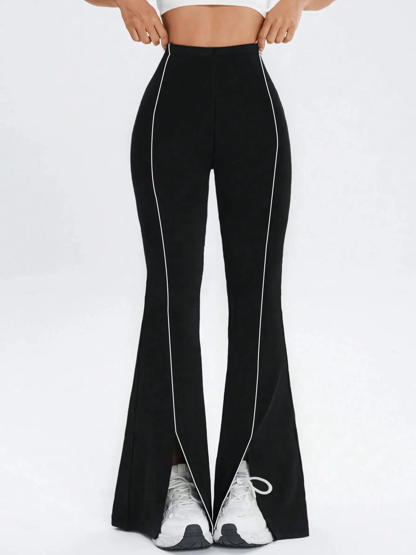 Black high-waist flared yoga pants with white piping, women's athletic wide-leg split pants