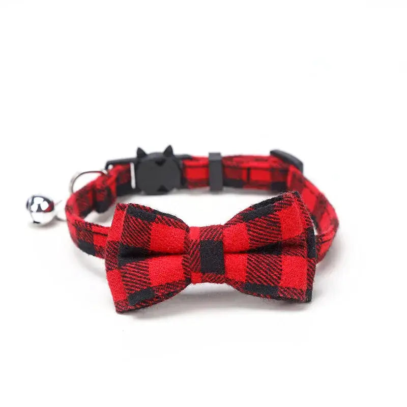 Pet Breakaway Cat Collar With Bow Tie And Bell Plaid Christmas Red Adjustable Elastic For Cats And Small Dogs