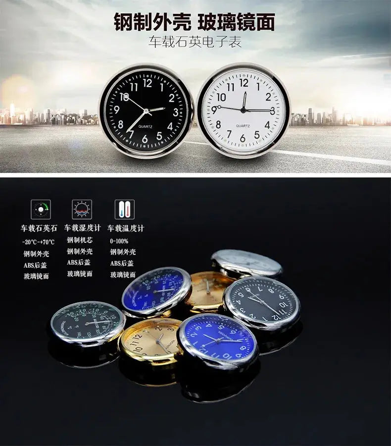 Car clock luminous auto ornament set of stainless steel clocks with glass faces; black and white dials and color options