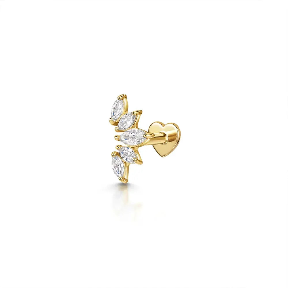 AIDE flat-helix piercing earring with heart-backed gold-tone setting and leaf-shaped zircon stones
