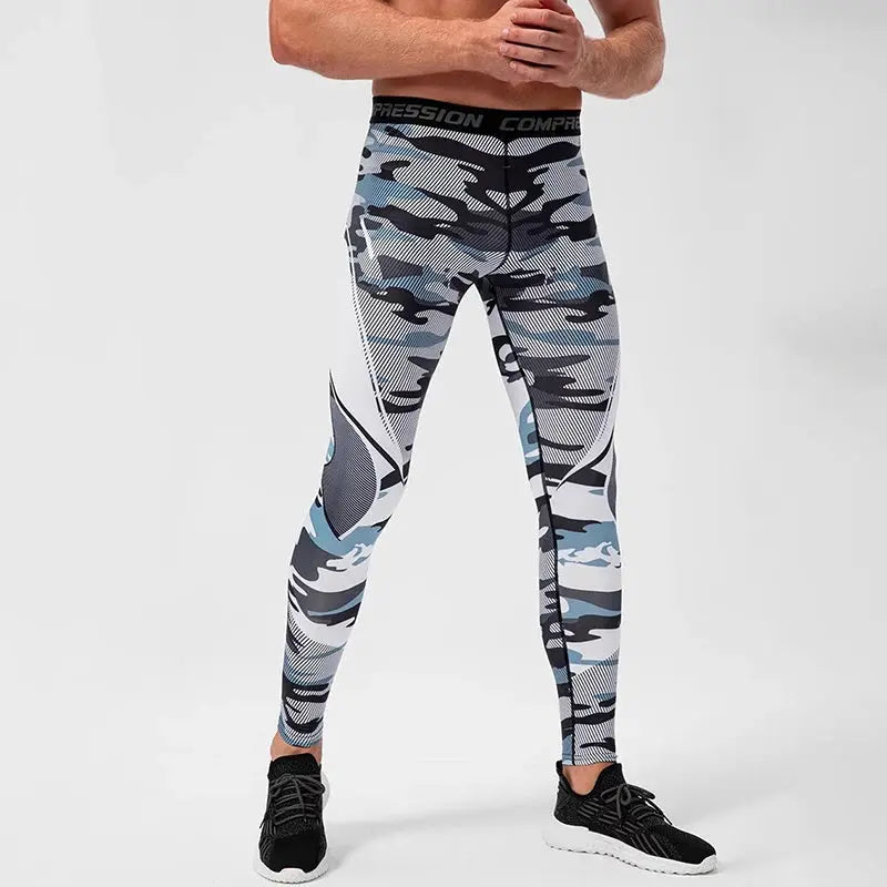 Men's camouflage compression leggings with black elastic waistband and white side panels
