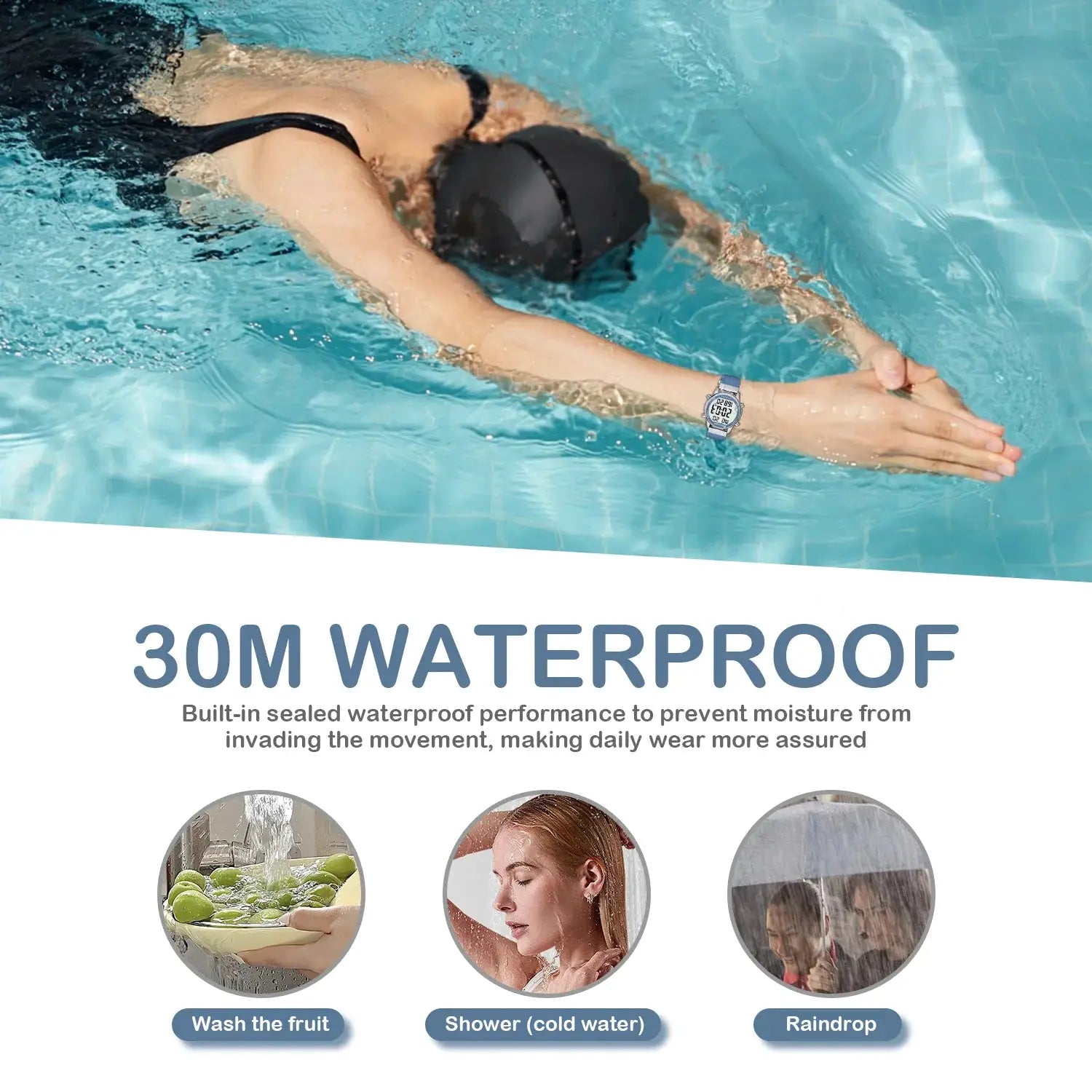 Hearkent pedometer sport watch with blue strap and digital display on a swimmer’s wrist