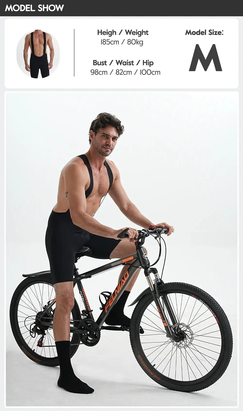 Men's cycling bib shorts, black seamless padded MTB shorts worn by rider on a mountain bike