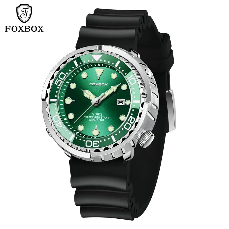 FOXBOX quartz men's sport watch with green dial, steel bezel, black rubber strap, 5ATM water resistant
