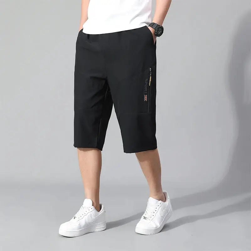 Mens cargo shorts by Simples Market, knee-length black cotton with zip pocket and elastic waist