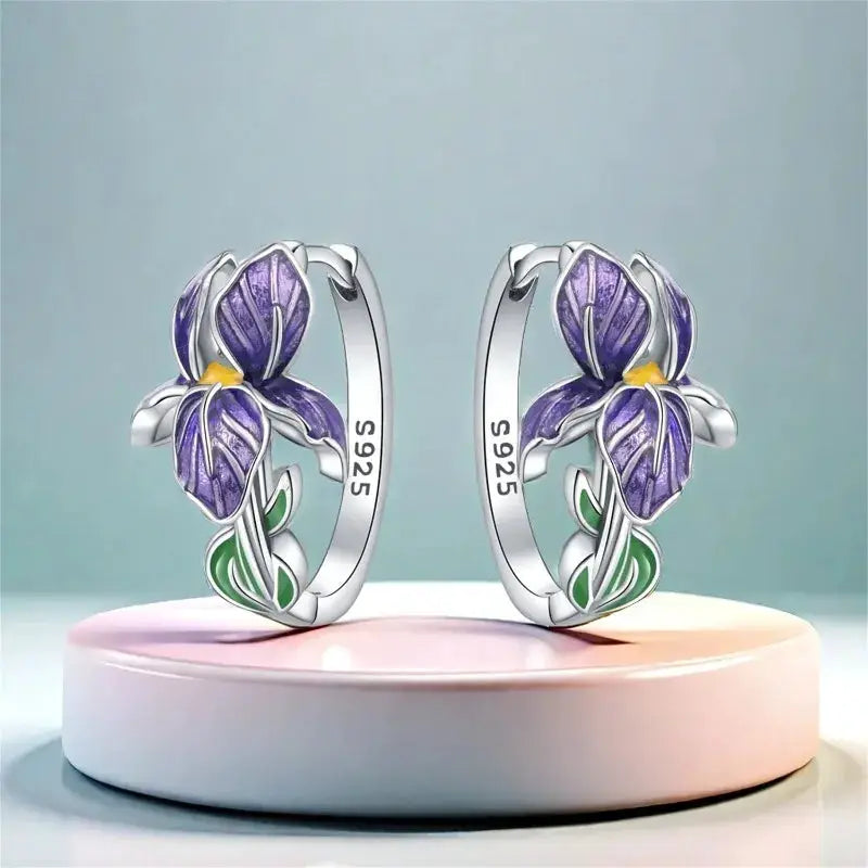 925 Sterling Silver Purple Iris Hoop Earrings With Zircon Flower And Plant Series For Women Gift