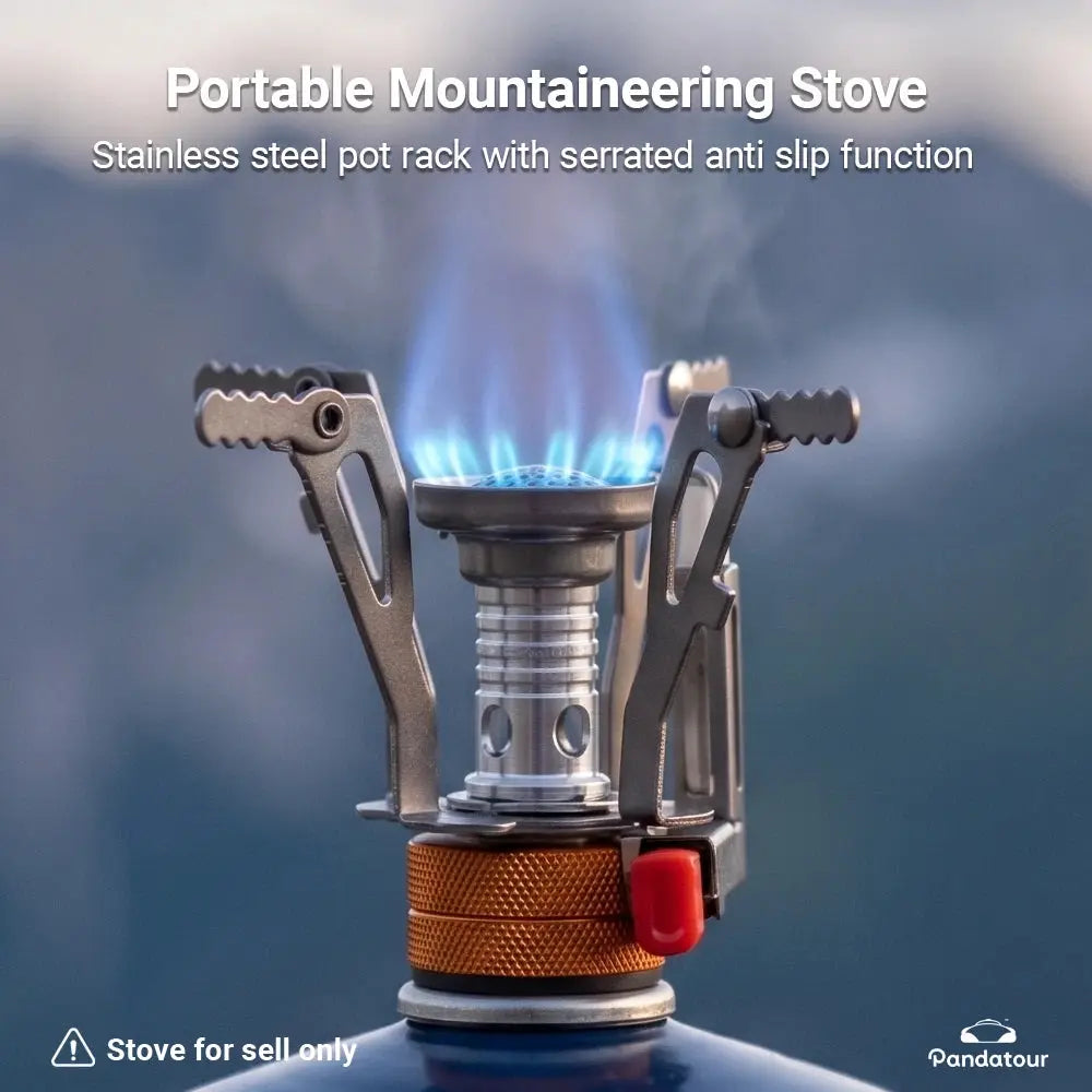 Pandatour portable camping stove with a compact stainless steel burner and orange adjustment knob, blue flame