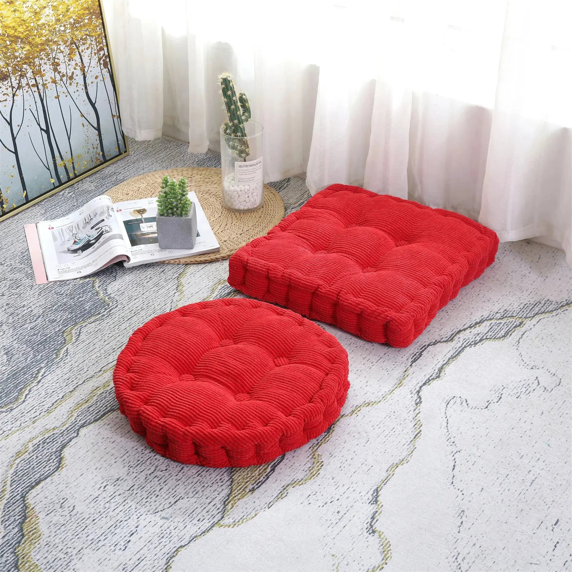 Tufted red seat cushion, thick 50x50 cm square chair pad for home and office.