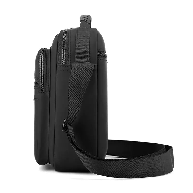 Messenger sling bag, black Oxford fabric, with multiple zip pockets and adjustable strap